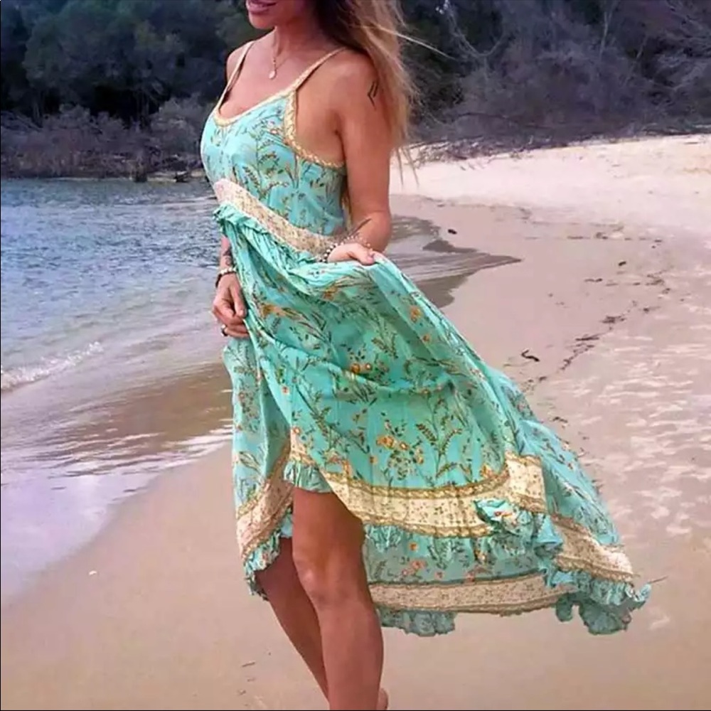 Boho Floral Gypsy Print Midi Ruffle Dress pink - Picture 13 of 15